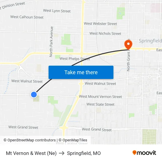 Mt Vernon & West (Ne) to Springfield, MO map