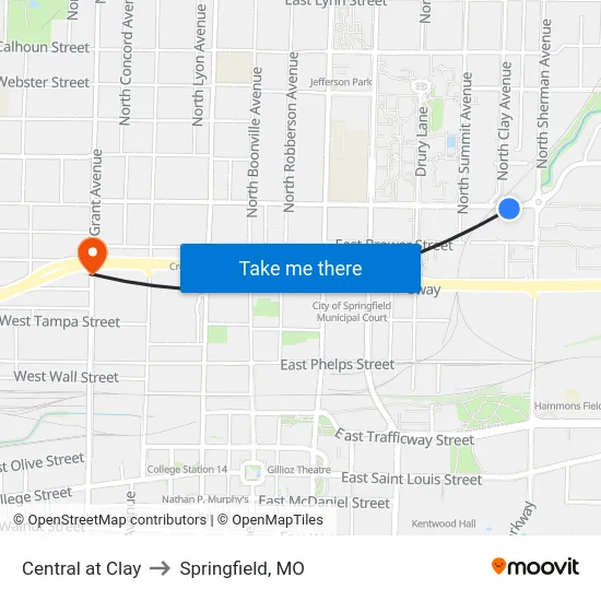 Central at Clay to Springfield, MO map
