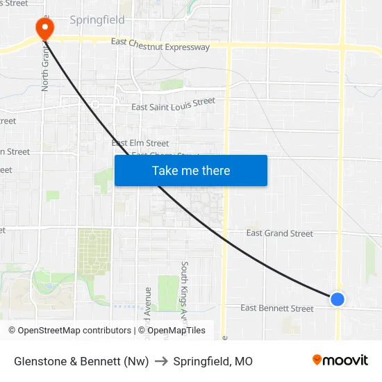 Glenstone & Bennett (Nw) to Springfield, MO map