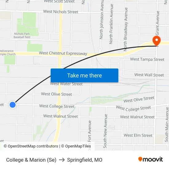 College & Marion (Se) to Springfield, MO map