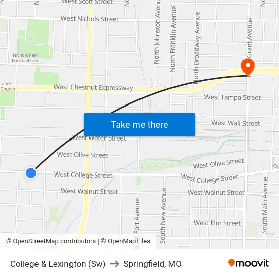 College & Lexington (Sw) to Springfield, MO map