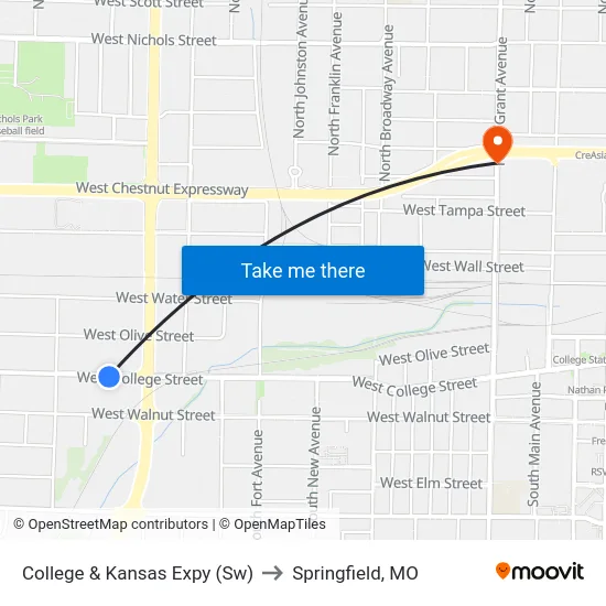 College & Kansas Expy (Sw) to Springfield, MO map