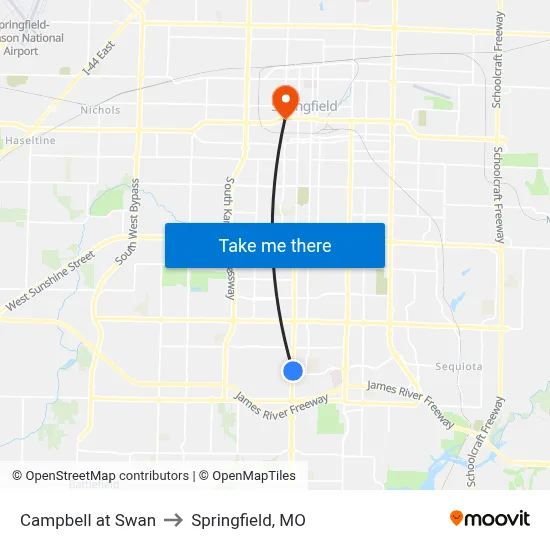 Campbell at Swan to Springfield, MO map