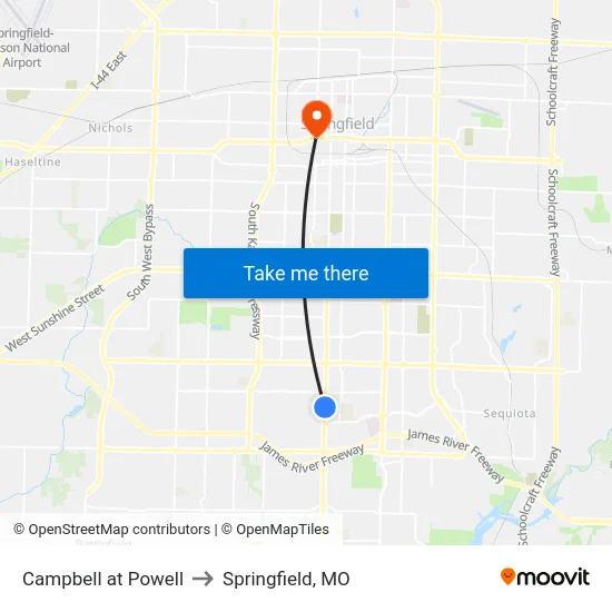 Campbell at Powell to Springfield, MO map