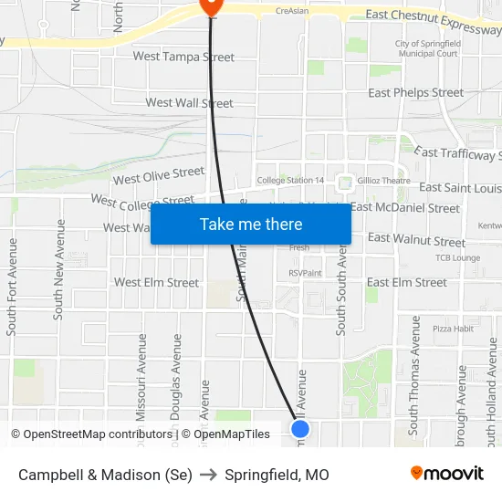 Campbell & Madison (Se) to Springfield, MO map