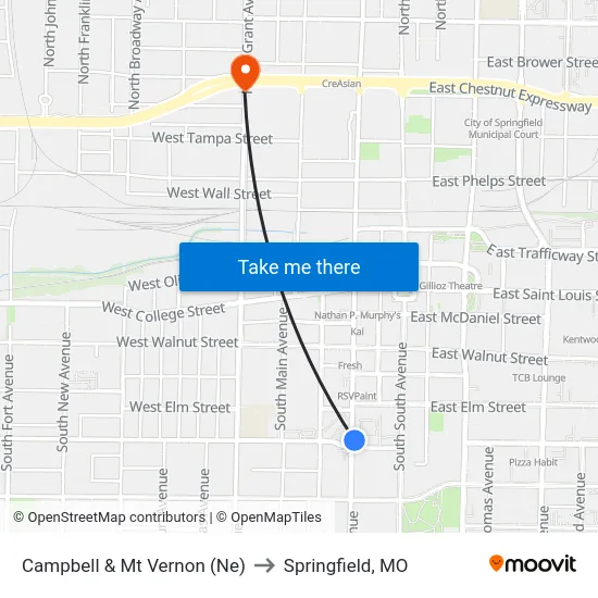 Campbell & Mt Vernon (Ne) to Springfield, MO map