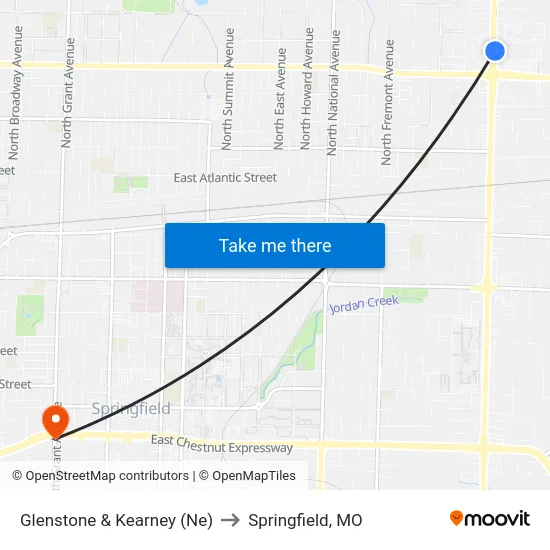 Glenstone & Kearney (Ne) to Springfield, MO map