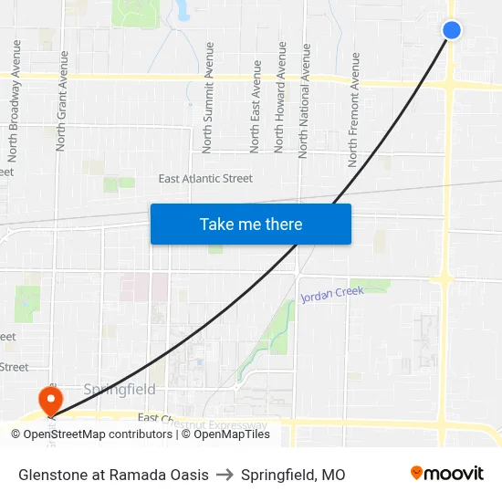 Glenstone at Ramada Oasis to Springfield, MO map