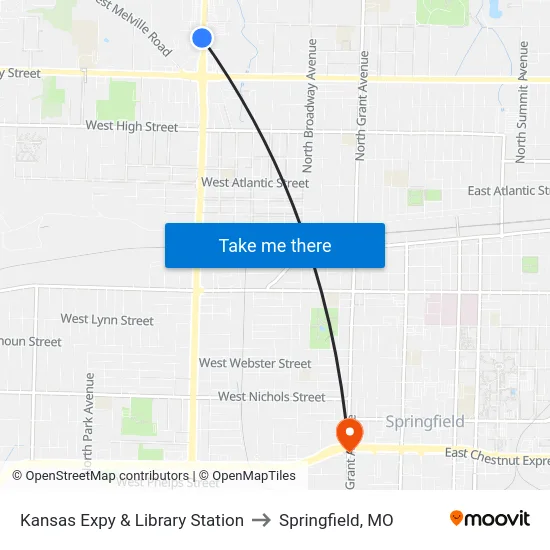 Kansas Expy & Library Station to Springfield, MO map