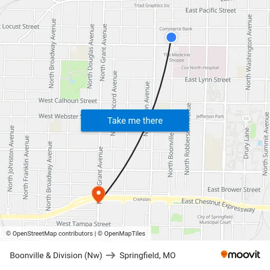Boonville & Division (Nw) to Springfield, MO map