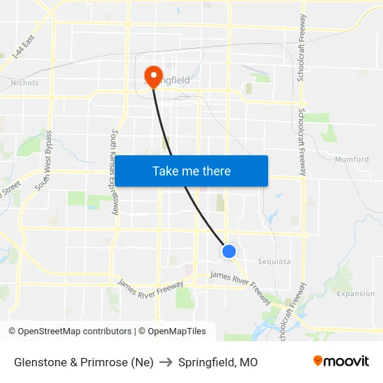 Glenstone & Primrose (Ne) to Springfield, MO map