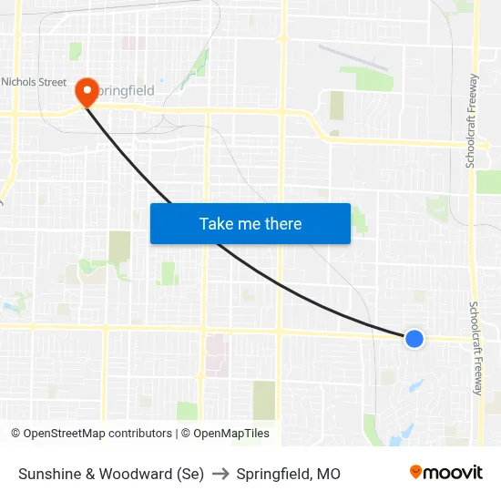Sunshine & Woodward (Se) to Springfield, MO map