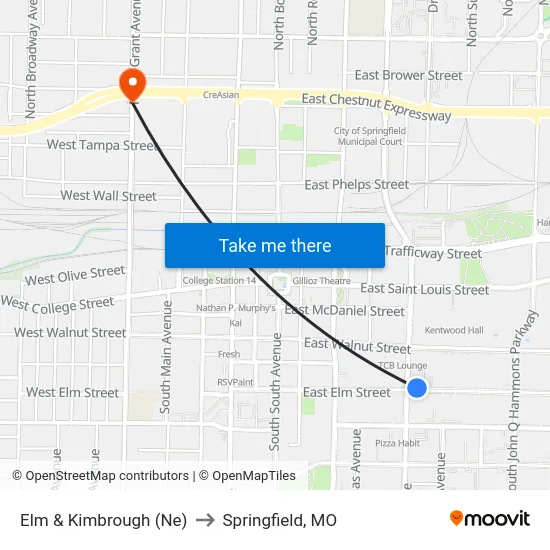 Elm & Kimbrough (Ne) to Springfield, MO map