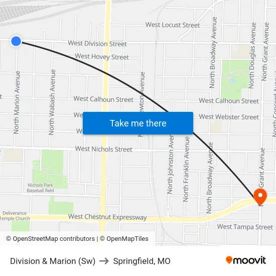 Division & Marion (Sw) to Springfield, MO map