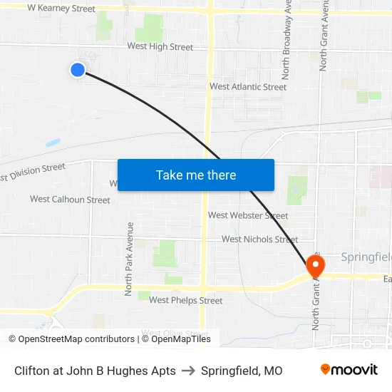 Clifton at John B Hughes Apts to Springfield, MO map
