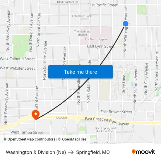 Washington & Division (Ne) to Springfield, MO map