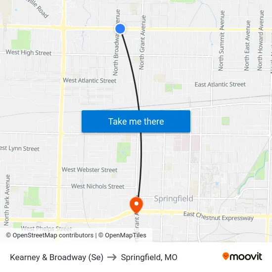 Kearney & Broadway (Se) to Springfield, MO map
