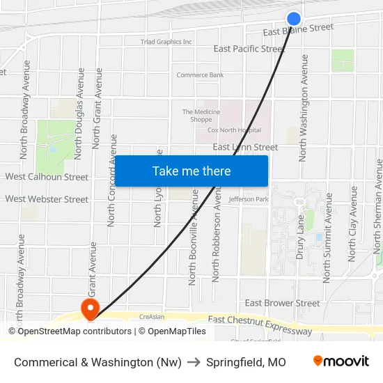 Commerical & Washington (Nw) to Springfield, MO map