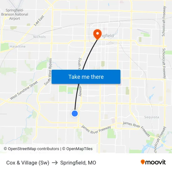 Cox & Village (Sw) to Springfield, MO map
