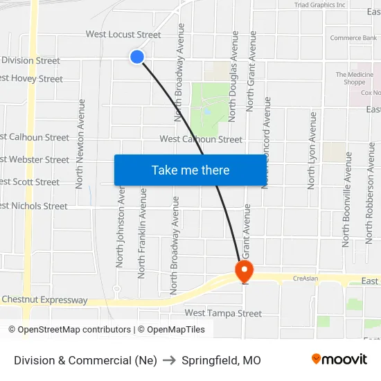 Division & Commercial (Ne) to Springfield, MO map