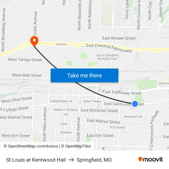 St Louis at Kentwood Hall to Springfield, MO map
