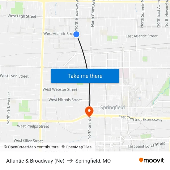 Atlantic & Broadway (Ne) to Springfield, MO map