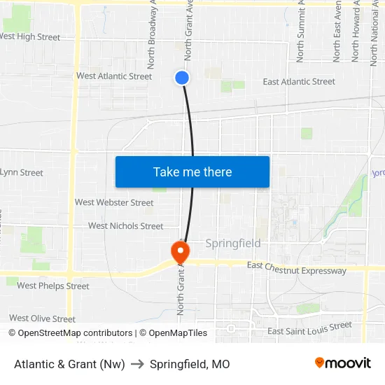 Atlantic & Grant (Nw) to Springfield, MO map