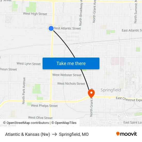 Atlantic & Kansas (Nw) to Springfield, MO map
