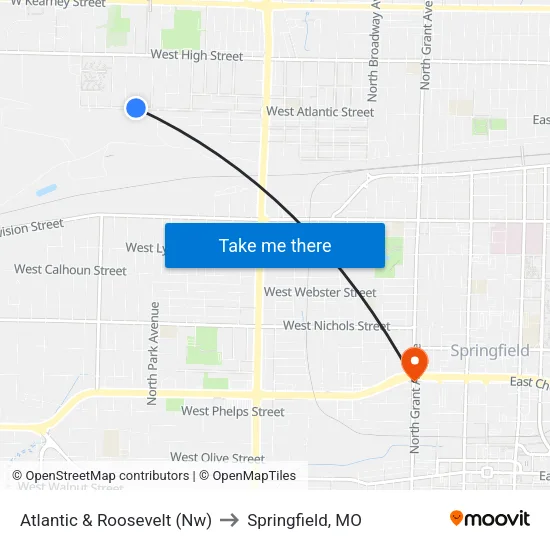 Atlantic & Roosevelt (Nw) to Springfield, MO map