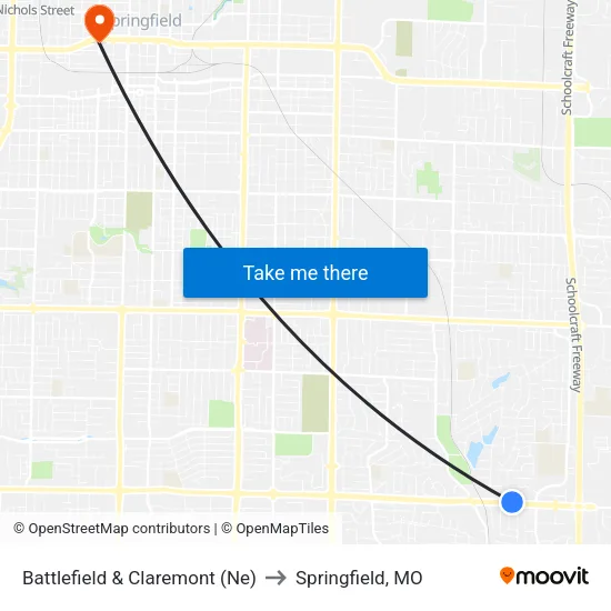 Battlefield & Claremont (Ne) to Springfield, MO map