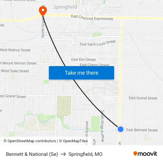 Bennett & National (Se) to Springfield, MO map