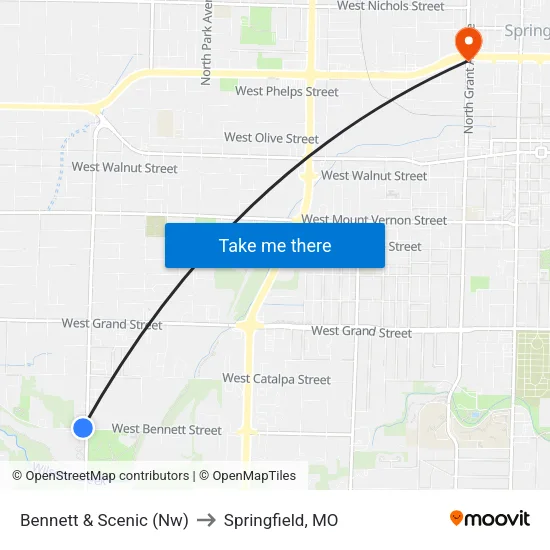Bennett & Scenic (Nw) to Springfield, MO map