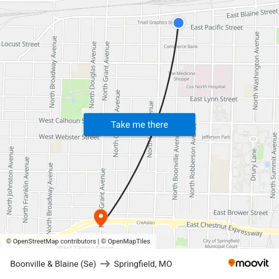 Boonville & Blaine (Se) to Springfield, MO map