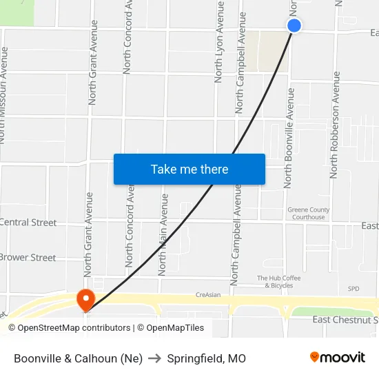 Boonville & Calhoun (Ne) to Springfield, MO map