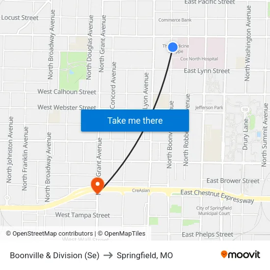 Boonville & Division (Se) to Springfield, MO map