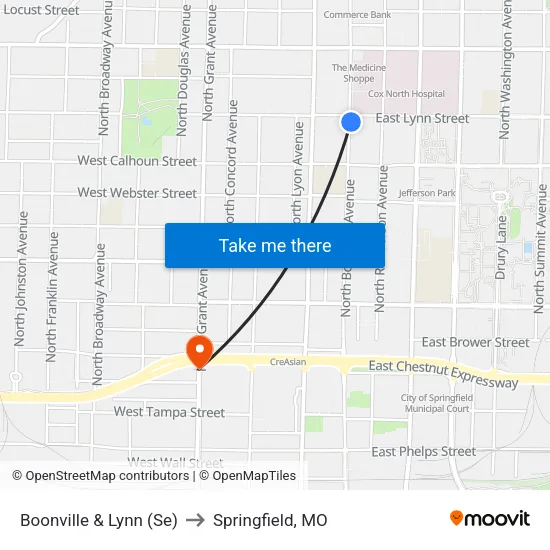 Boonville & Lynn (Se) to Springfield, MO map