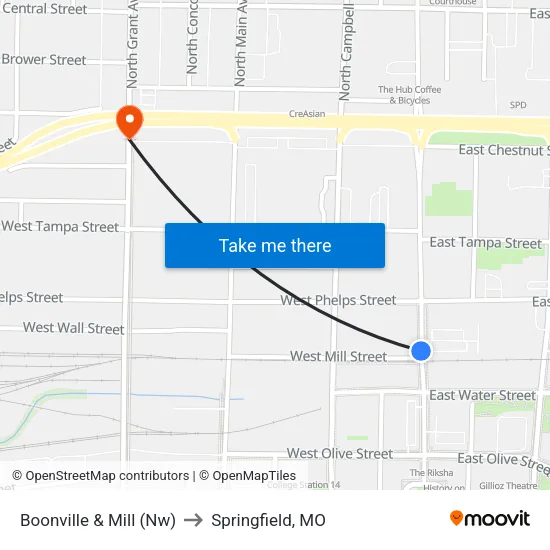 Boonville & Mill (Nw) to Springfield, MO map
