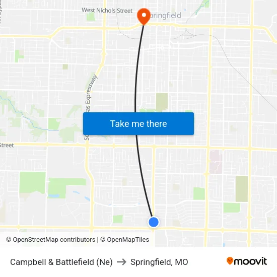Campbell & Battlefield (Ne) to Springfield, MO map