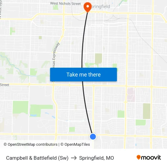 Campbell & Battlefield (Sw) to Springfield, MO map