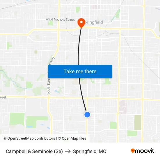 Campbell & Seminole (Se) to Springfield, MO map