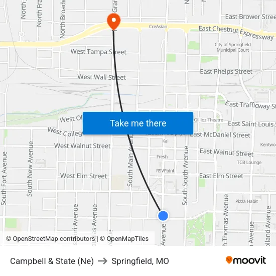 Campbell & State (Ne) to Springfield, MO map