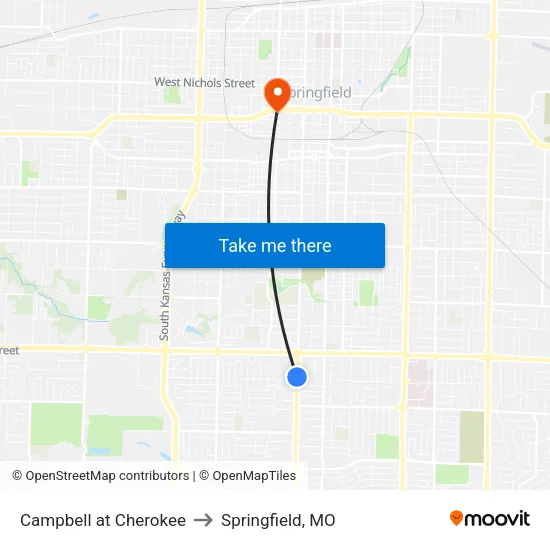 Campbell at Cherokee to Springfield, MO map