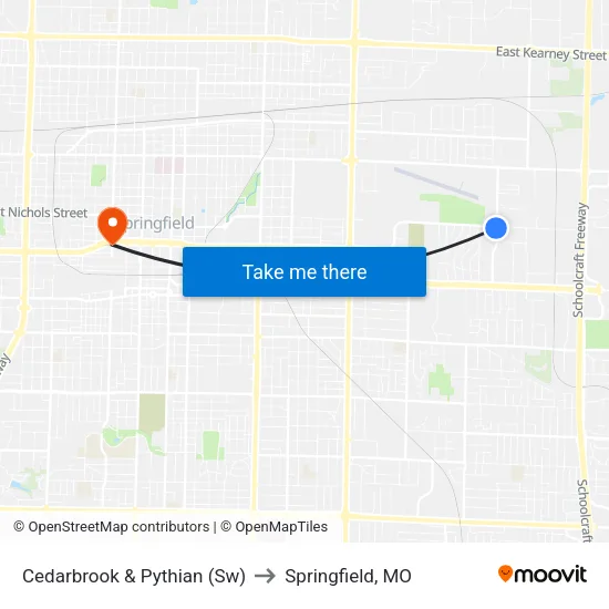 Cedarbrook & Pythian (Sw) to Springfield, MO map