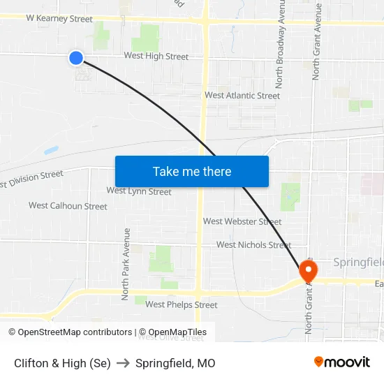 Clifton & High (Se) to Springfield, MO map