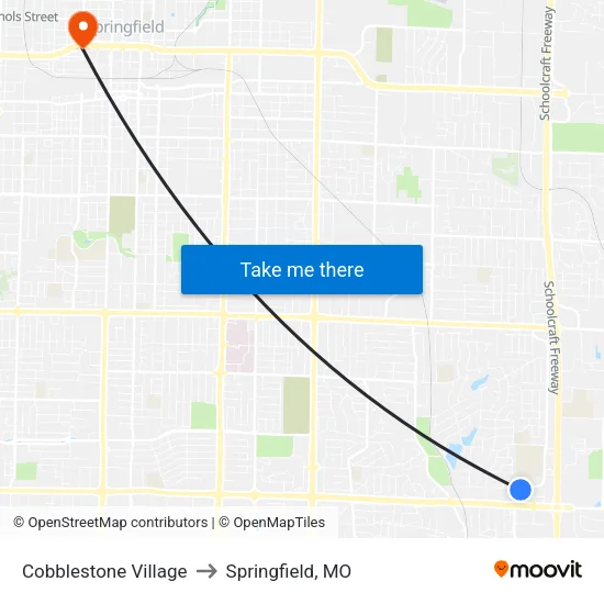 Cobblestone Village to Springfield, MO map