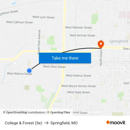 College & Forest (Se) to Springfield, MO map