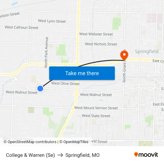 College & Warren (Se) to Springfield, MO map
