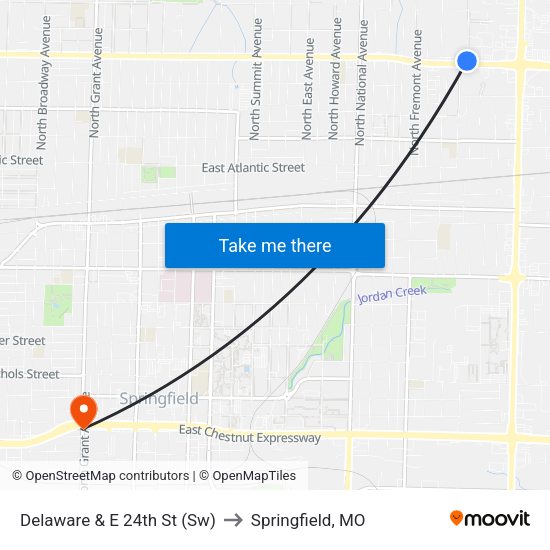Delaware & E 24th St (Sw) to Springfield, MO map