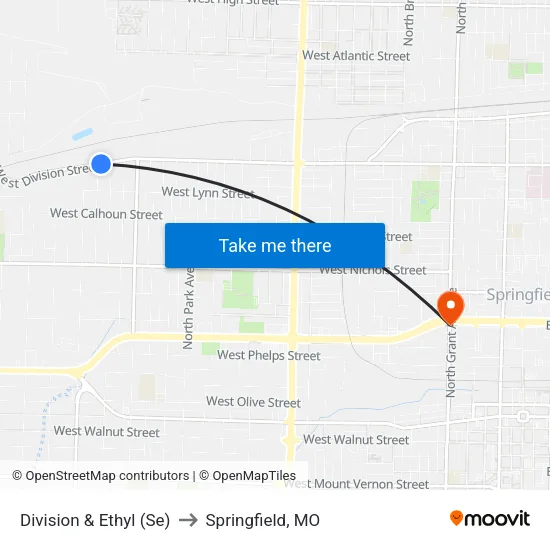 Division & Ethyl (Se) to Springfield, MO map