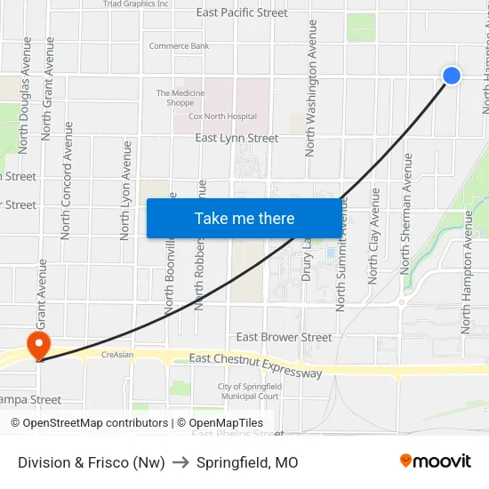 Division & Frisco (Nw) to Springfield, MO map